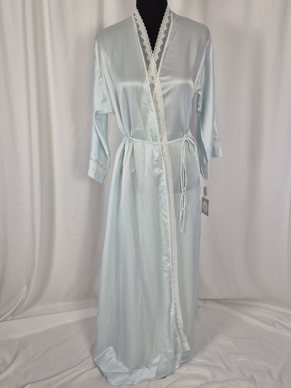 Christian Dior Vintage 70s Pale Blue Long Satin Robe - Size XS-S Petite